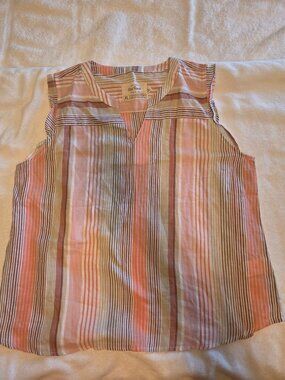 Woman's Old Ranch Split-Neck Top Peach & Cream Stripped Pattern Size XL